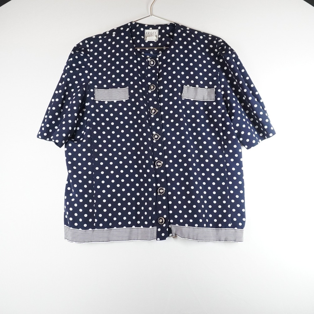 VTG Kristy Polka Dot Top Women 10 Navy Blue Button Front Rockabilly Nautical